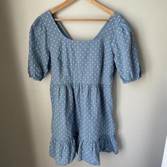 Ann Taylor LOFT Swiss Clip Dot Tie Back Flounce Swing Mini Dress Chambray Sz 12 - Picture 3 of 11